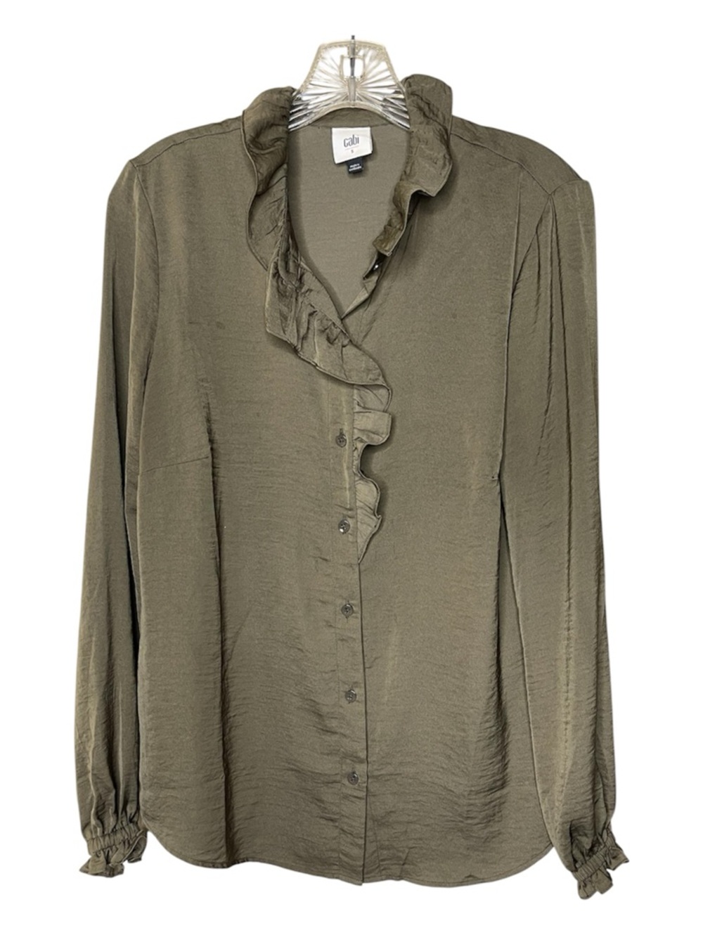 CAbi Icon Olive Ruffle-Neck Blouse Sz S - Picture 2 of 6